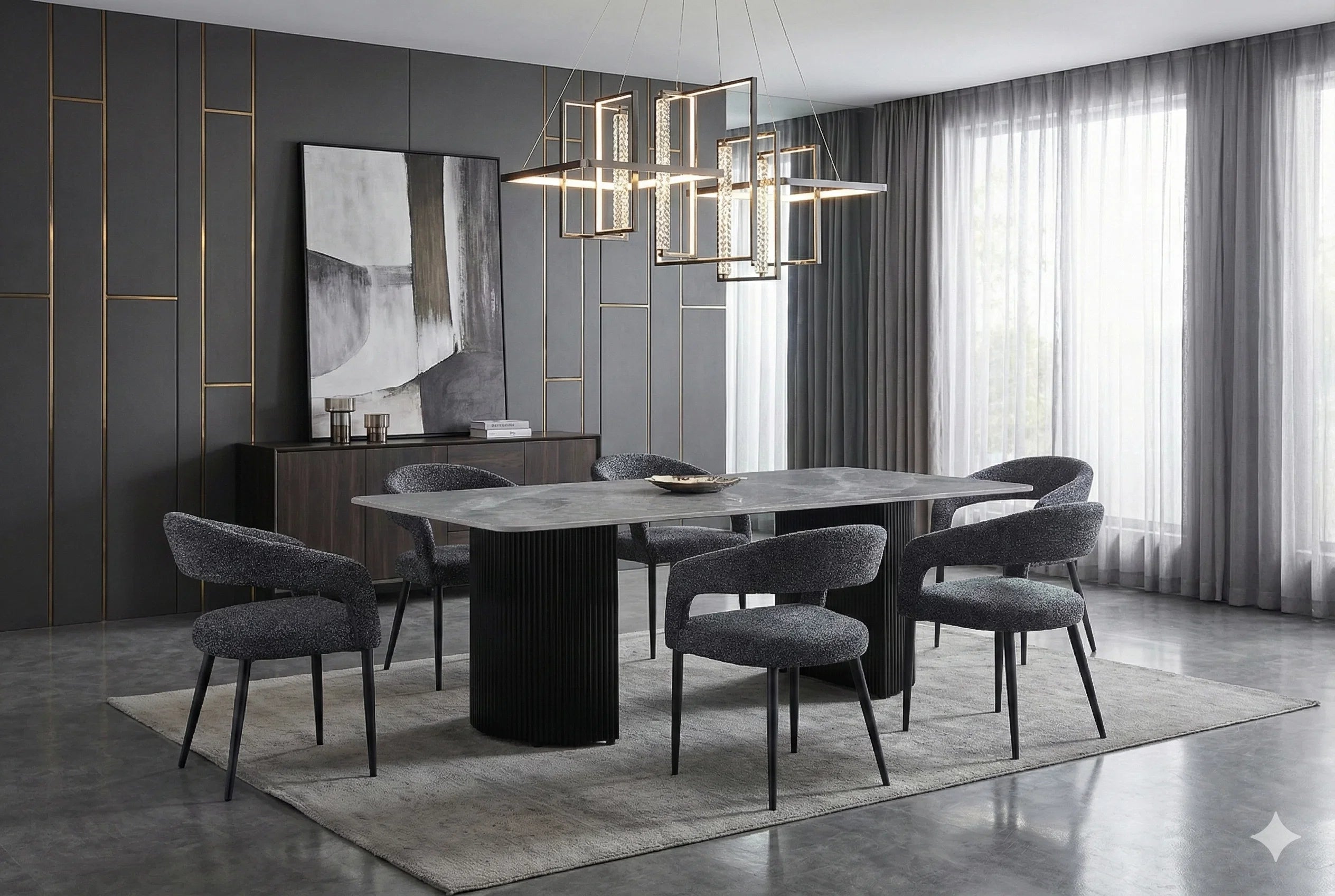 Ola grey black ceramic dining table with black Ola chairs