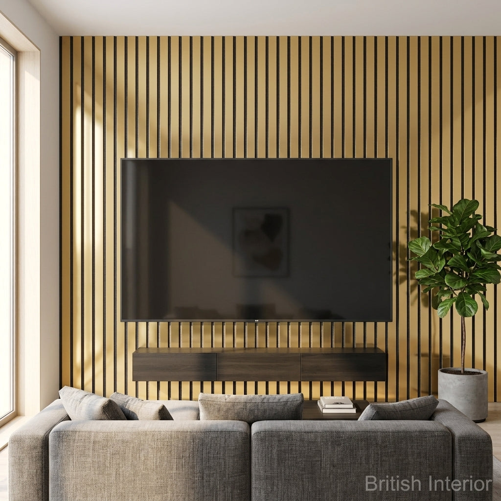 Gold acoustic slat panels used to create a statement feature wall in a modern living room