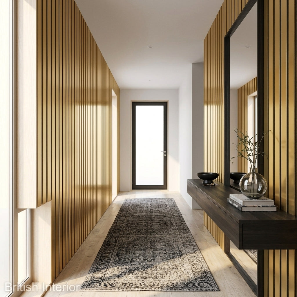 Gold WIDE slat acoustic wall panel prepared for installation on an interior wall