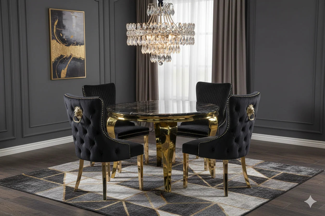 A sophisticated black 4-seater dining suite for Leeds executive homes, bringing timeless marble elegance and boutique-style interior design together.