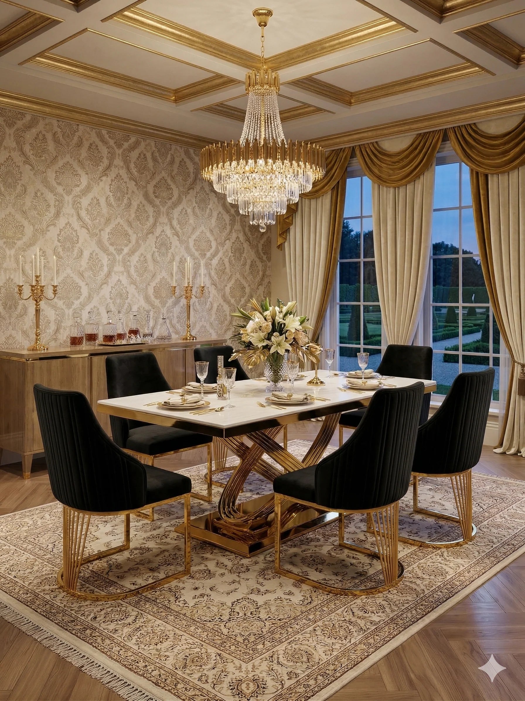 Premium cream black and gold marble dining suite with elegant Lasco chairs, combining designer appeal, quality finishes and competitive UK value for Liverpool interiors.