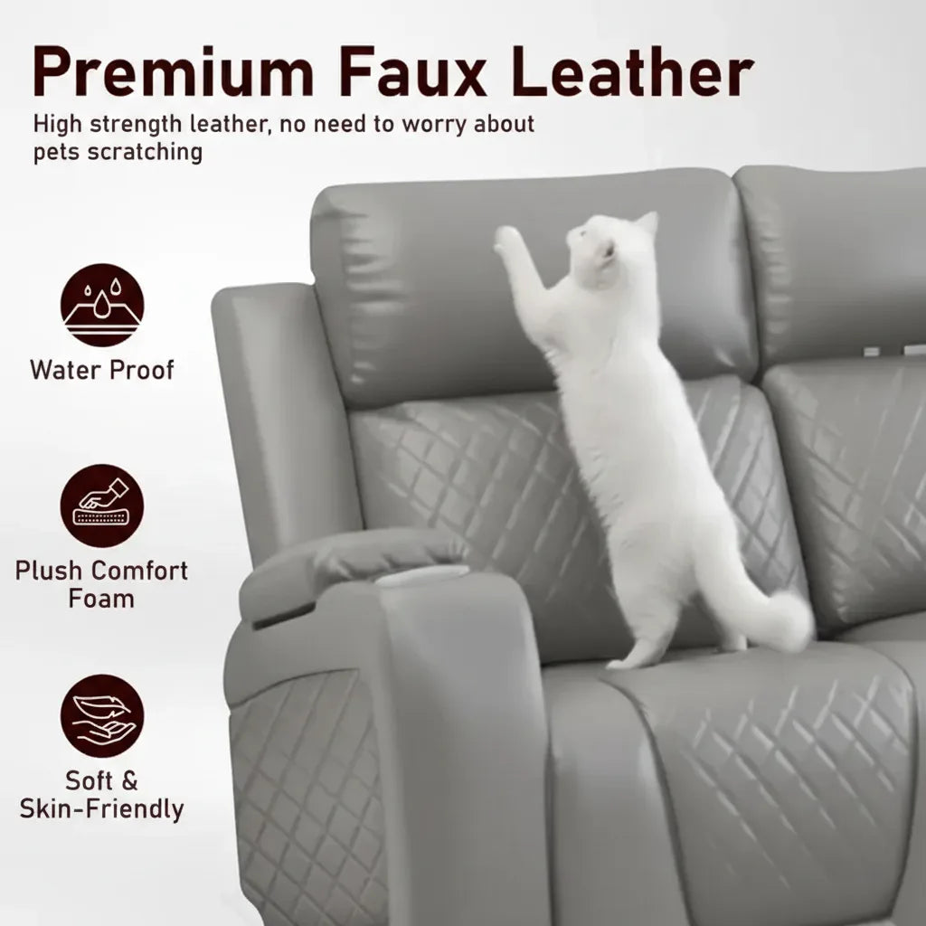 Gray sofa with a cat on it, featuring text about premium faux leather and icons indicating waterproof, plush comfort foam, and soft & skin-friendly properties.