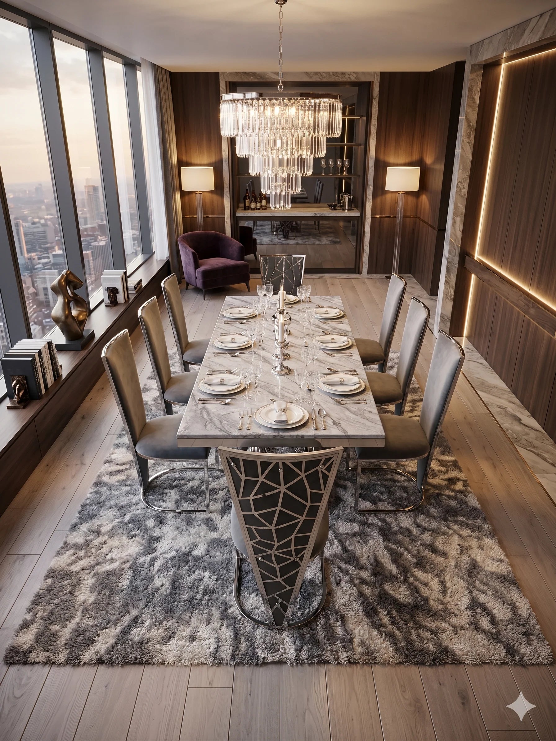 Premium grey dining table and Vienna chairs for an elegant contemporary home dining and open-plan interior