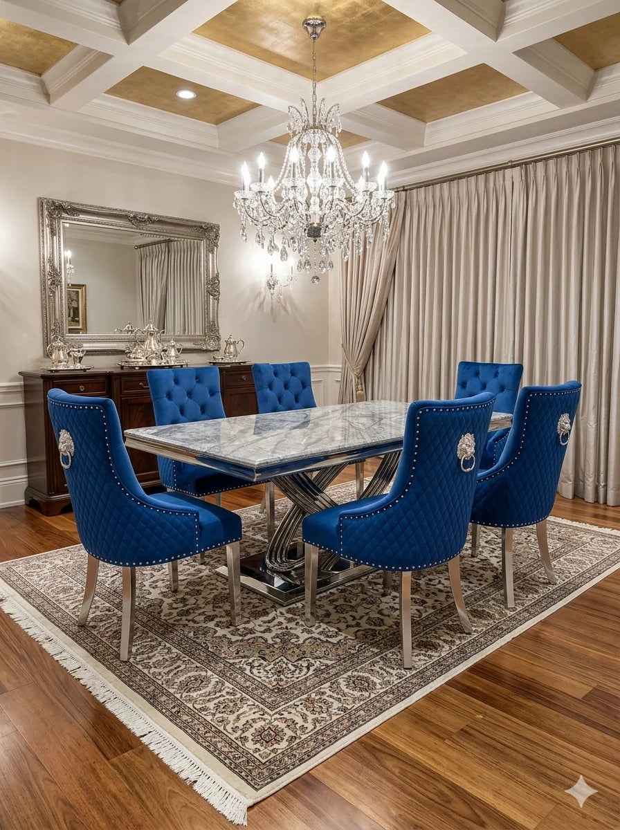Premium grey marble dining set with high-back velvet chairs ideal for family meals and entertaining guests