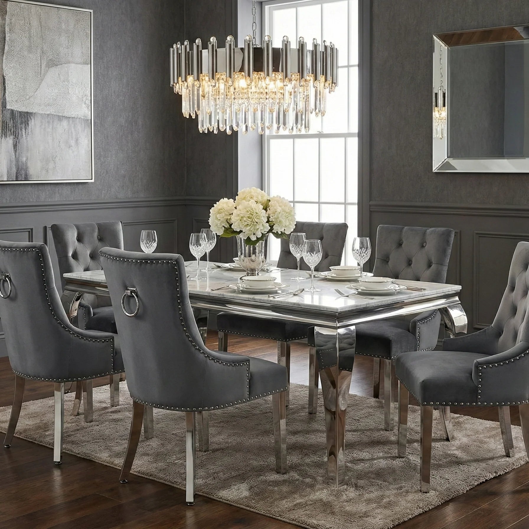 Modern marble dining furniture with plush upholstered seating for Glasgow luxury interiors and sophisticated home renovations.