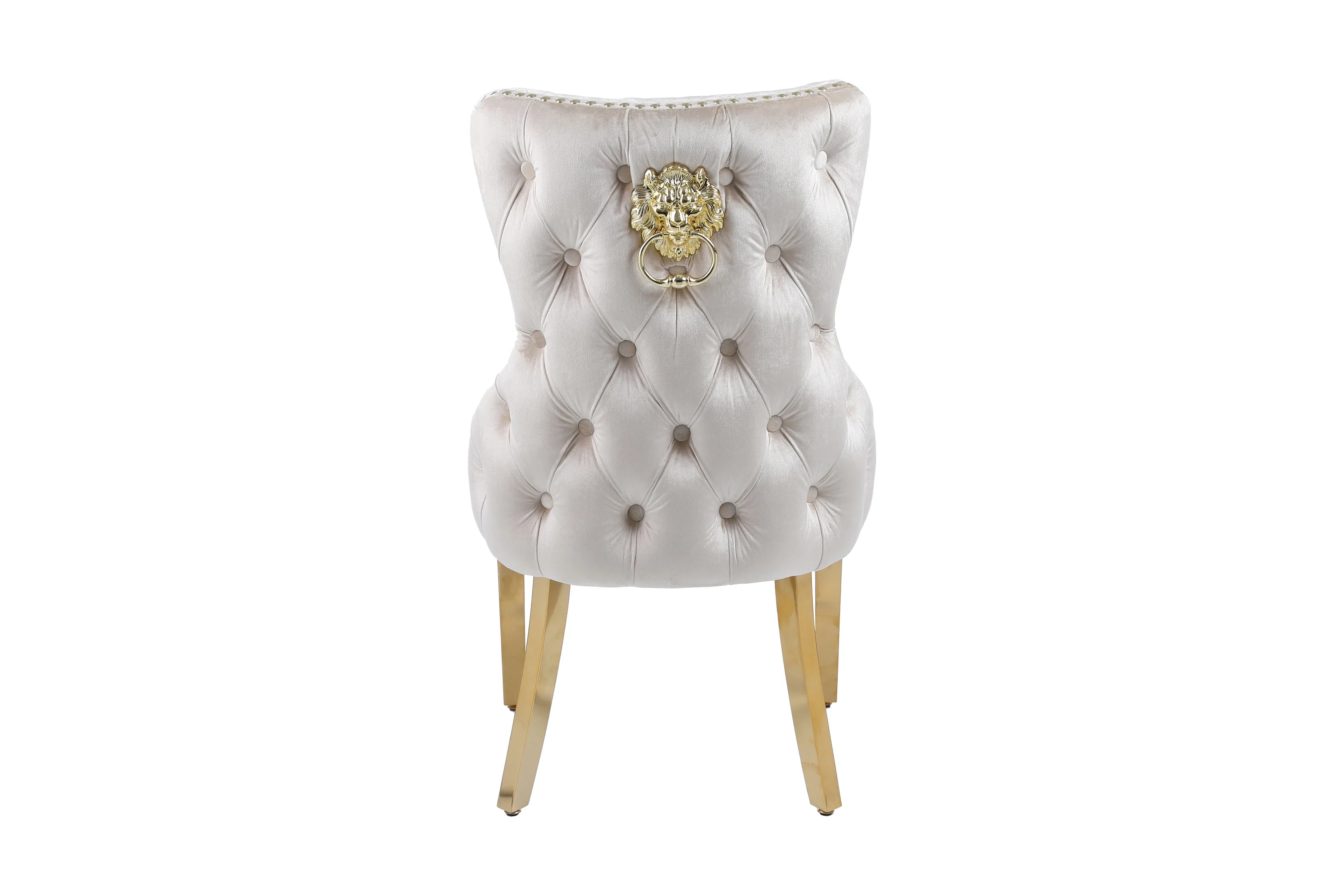Detailed view of Victoria lion knocker chair upholstery with cream gold marble tabletop showcasing artisan craftsmanship and premium finishes