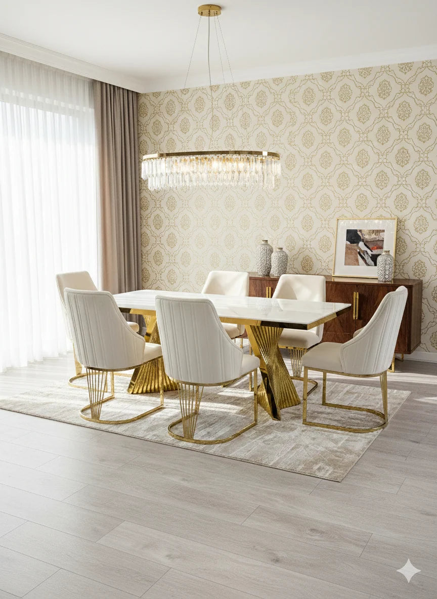 Ravello 160cm and 180cm cream and gold dining suite with Lasco chairs, combining modern luxury design, high-gloss finish and versatile 6–8 seater dining capacity.