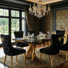 Ravello 160cm black marble dining table with polished gold geometric pedestal for luxury UK dining rooms