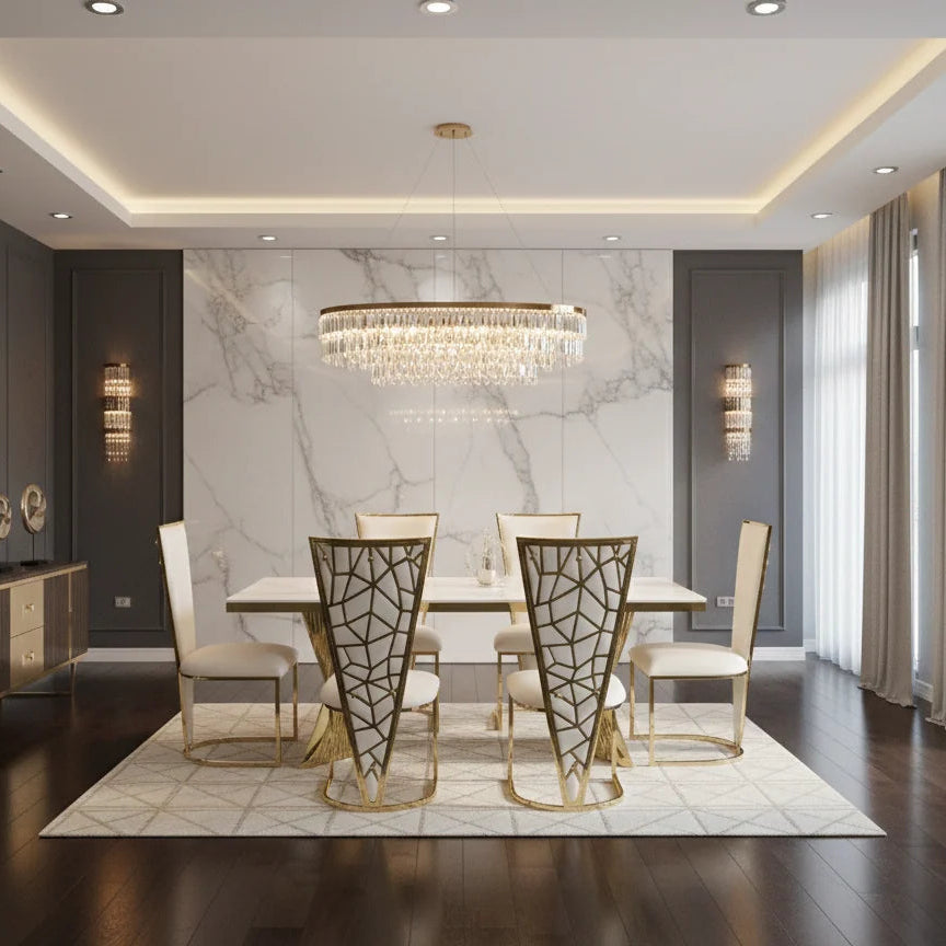 Ravello 160cm cream and gold dining table set with elegant Vienna Chairs for luxury UK dining rooms