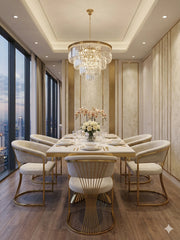 Ravello 160cm cream and gold marble dining table with Porado chairs for a luxury UK dining room