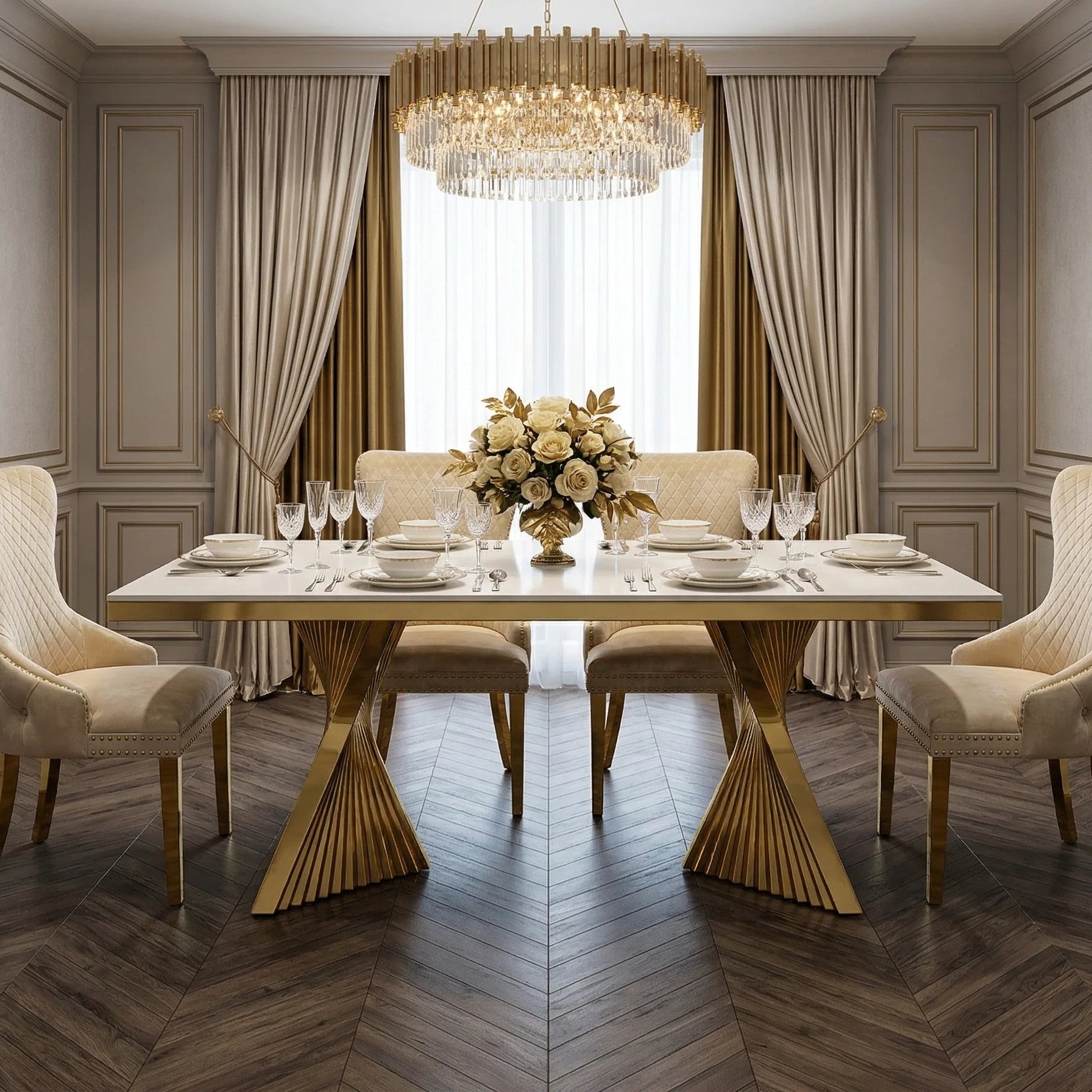 Ravello 160cm cream marble dining table with polished gold geometric pedestal for premium UK dining rooms