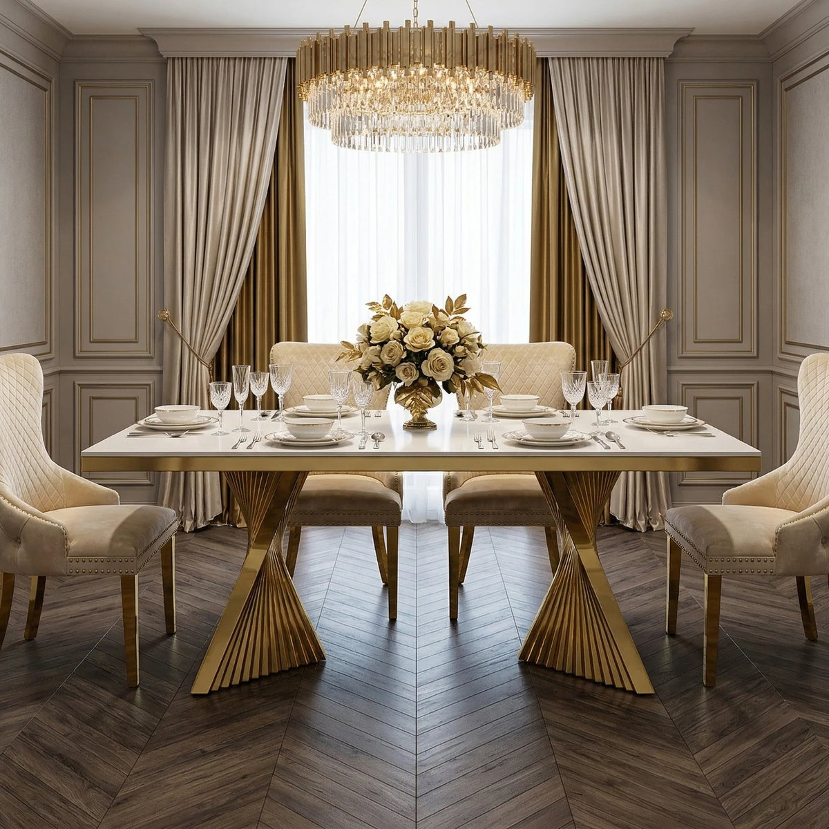 Ravello 160cm cream marble dining table with polished gold geometric pedestal for premium UK dining rooms