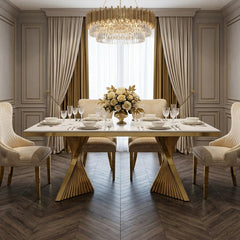 Ravello 160cm cream marble dining table with polished gold geometric pedestal for premium UK dining rooms