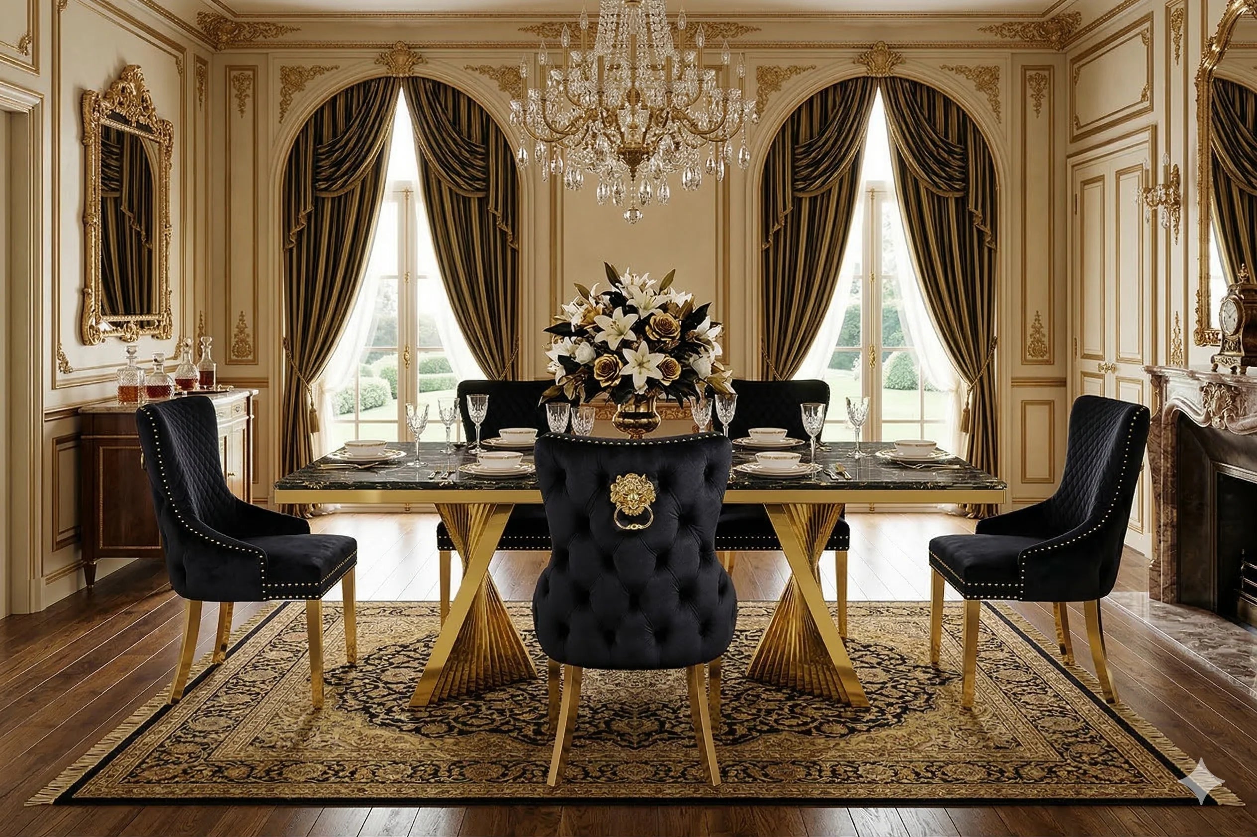 Luxury marble dining set with regal lion knocker chairs for contemporary Birmingham dining rooms