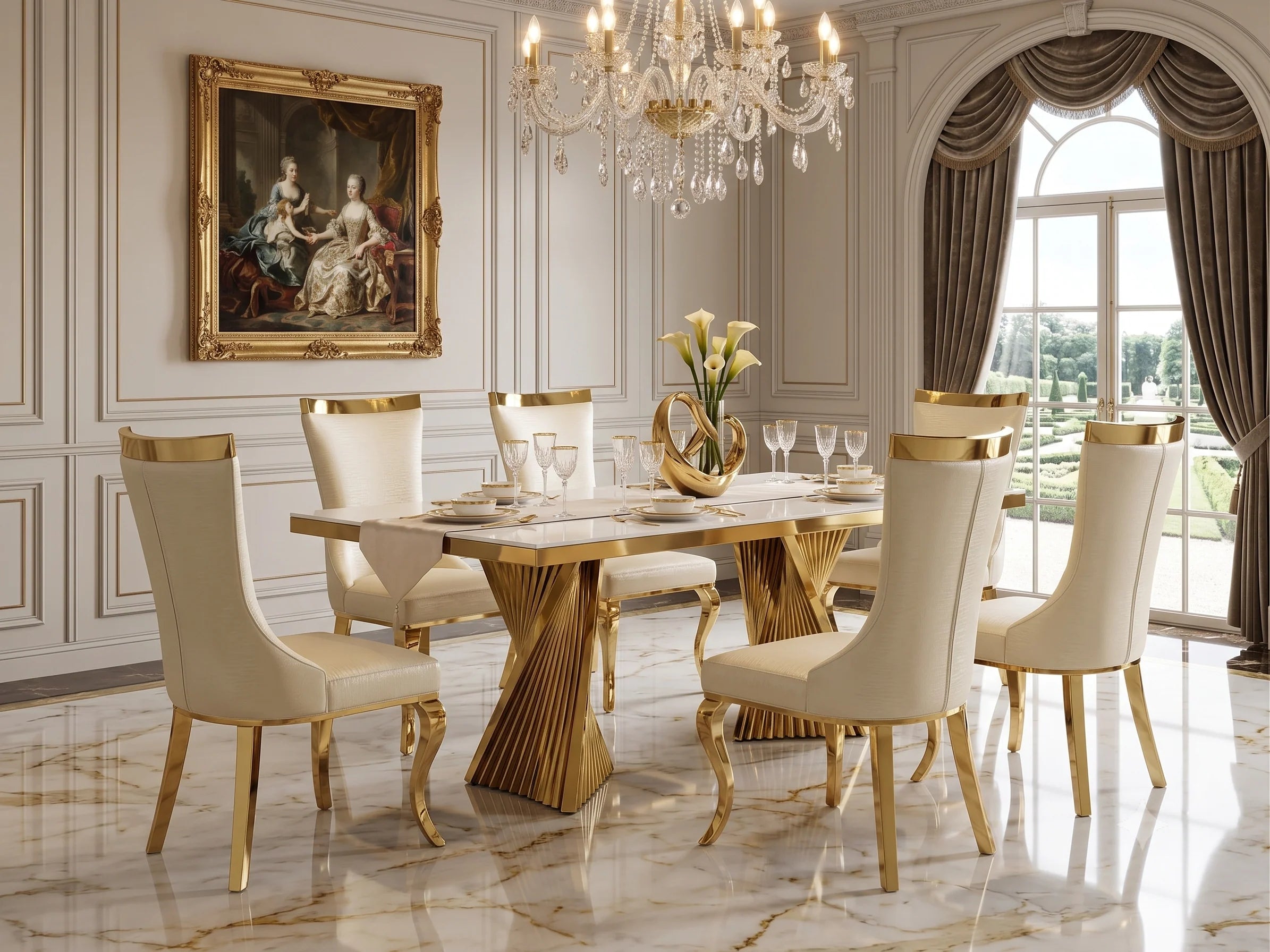 160cm luxury black marble dining set with gold finish