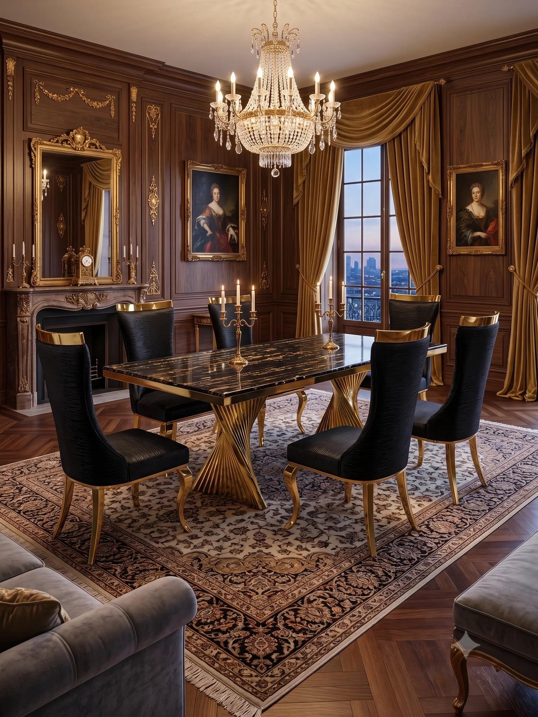 Ravello 180cm Black & Gold Marble Dining Set with Rocky Chairs