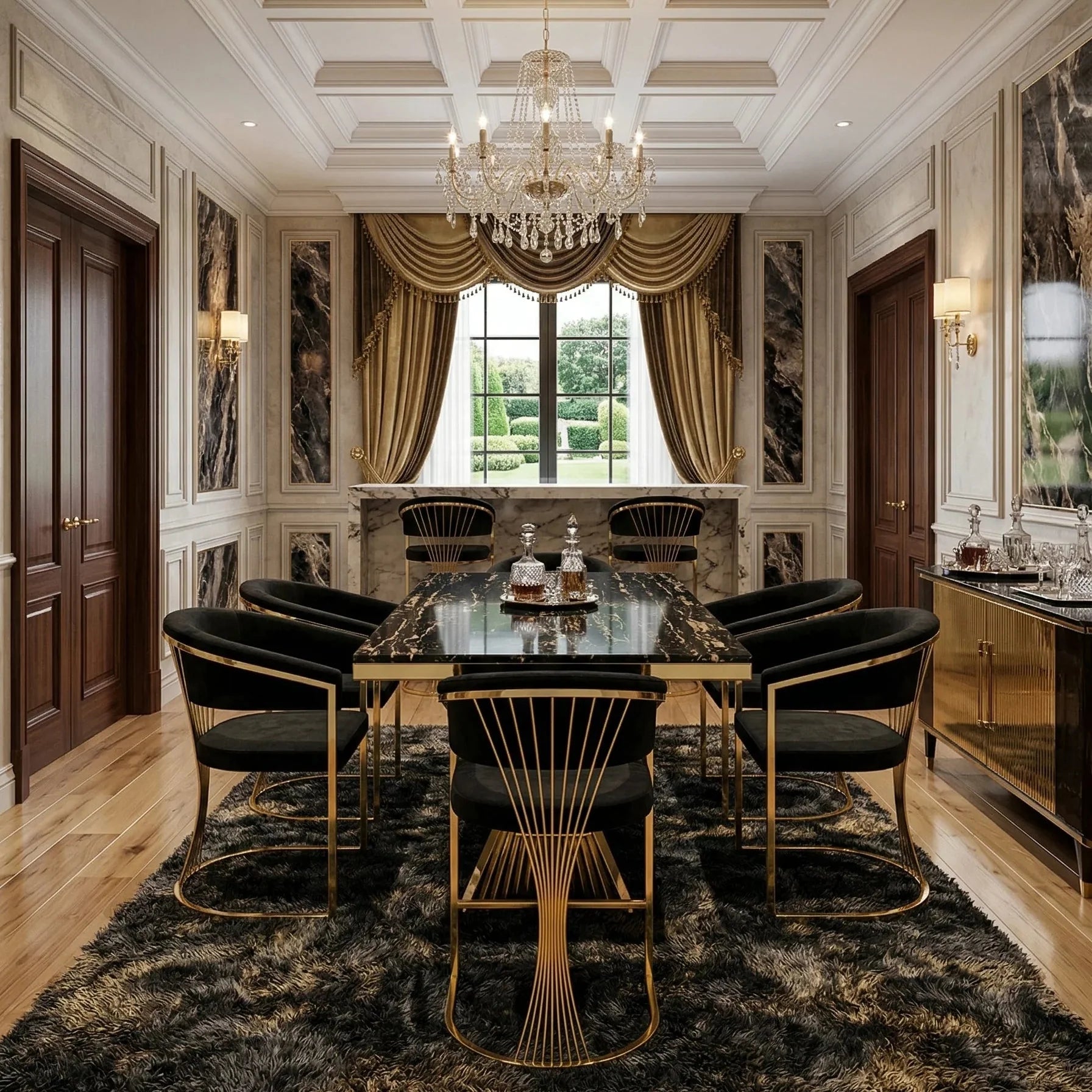 180cm luxury black marble dining set with gold finish