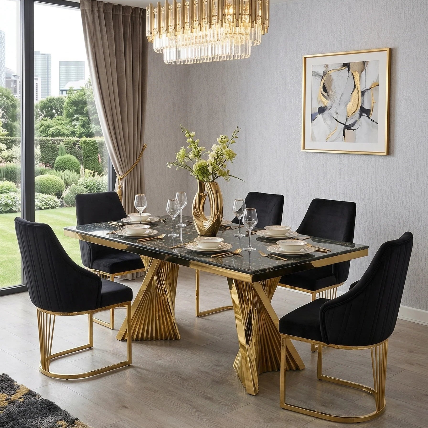 Premium Ravello 160cm black marble dining set with Lasco gold chairs for stylish London dining rooms, combining polished gold detailing with contemporary designer appeal.