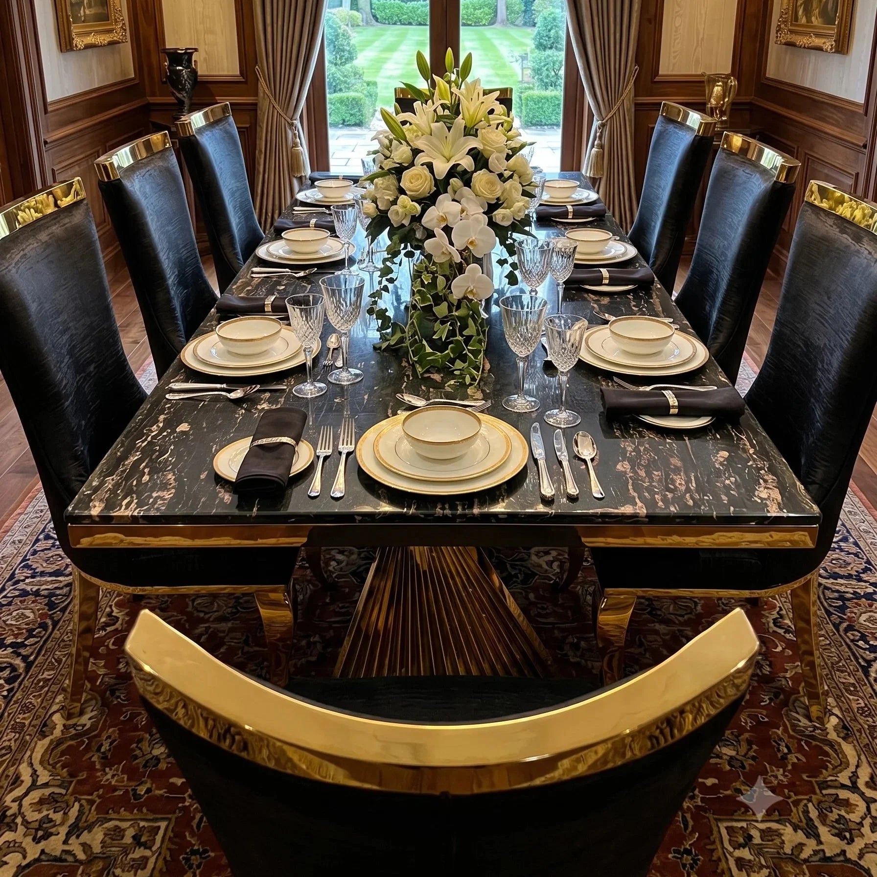 Ravello black marble dining table with Rocky dining chairs 6 to 8 seater luxury dining for beautiful family