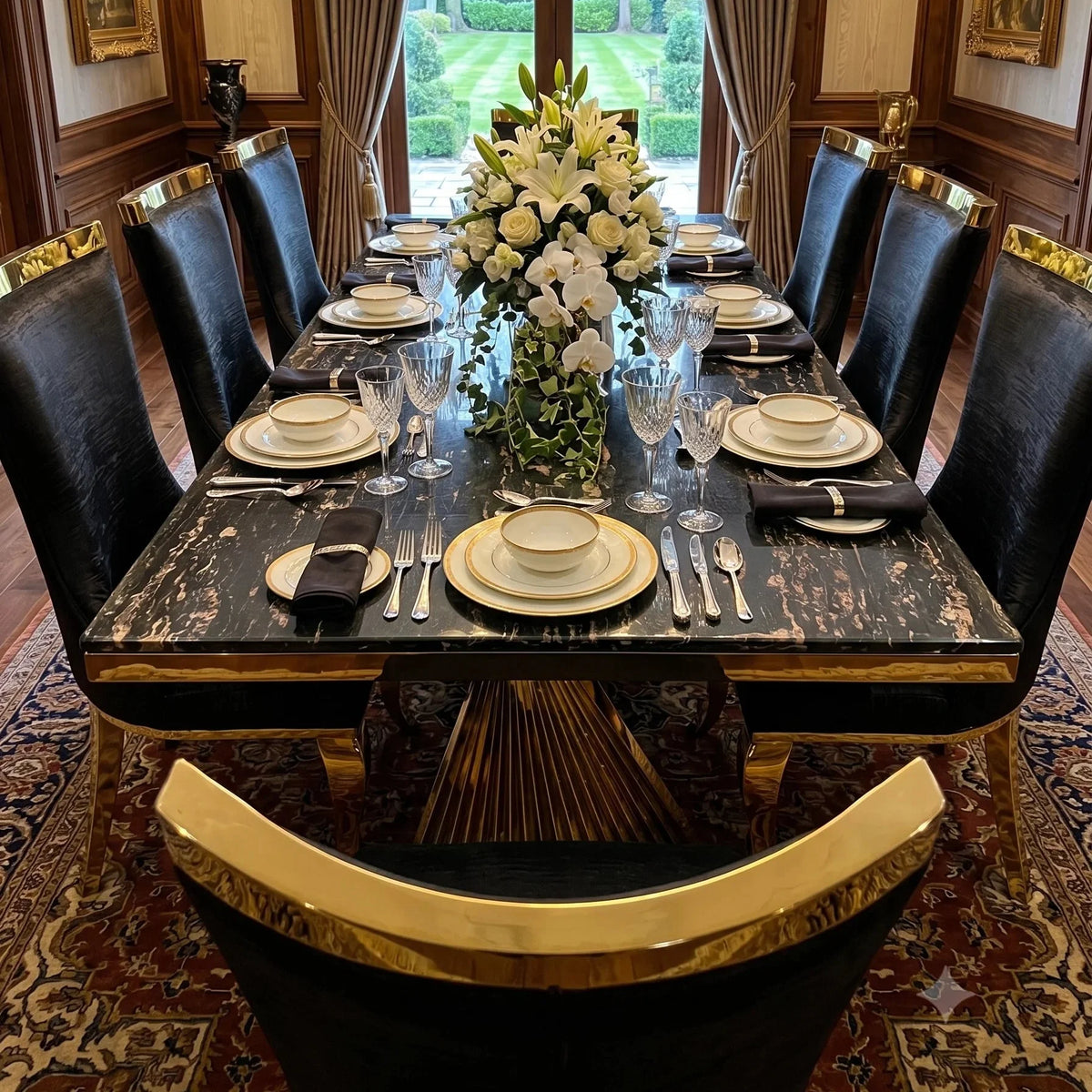 Ravello black marble dining table with Rocky dining chairs 6 to 8 seater luxury dining for beautiful family