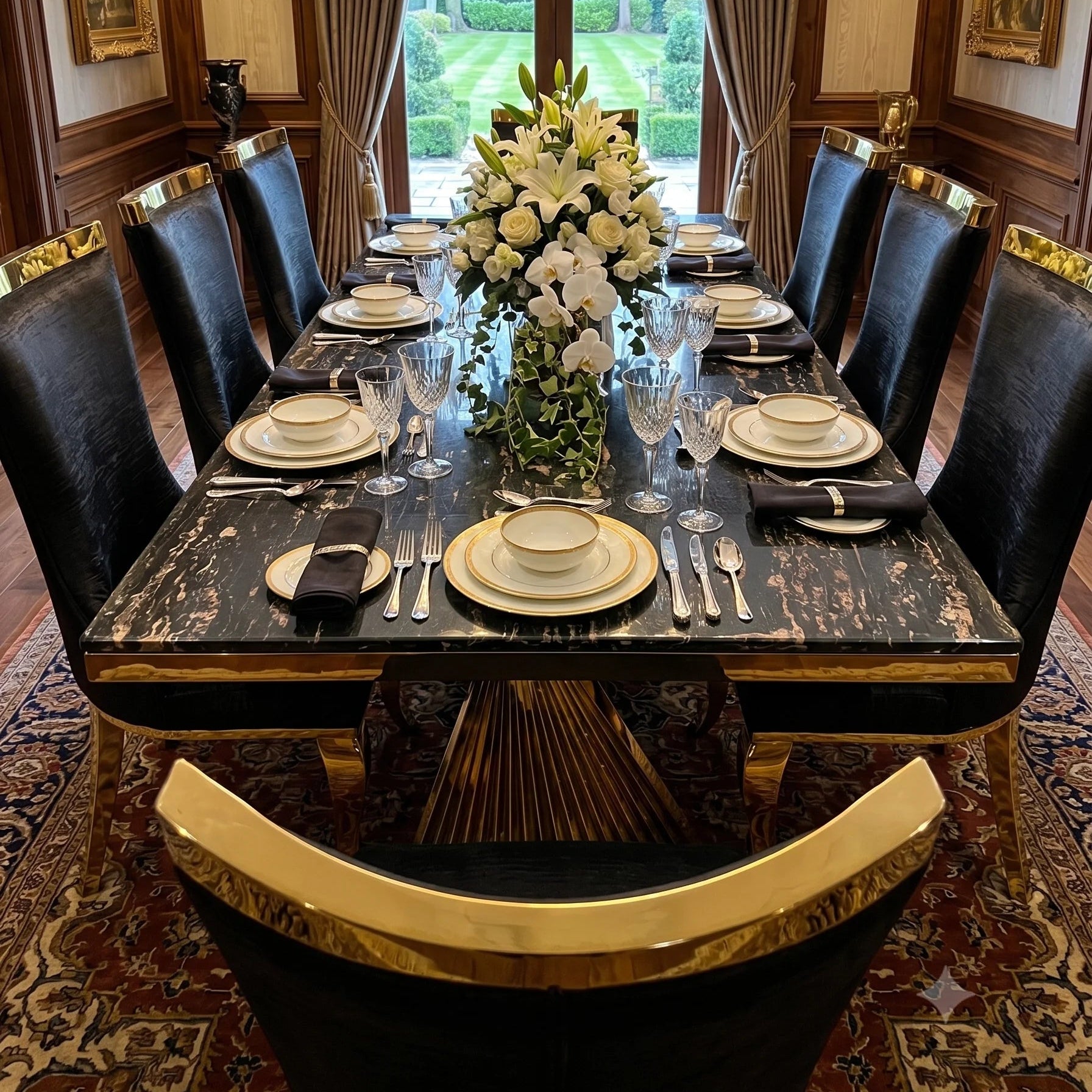 Ravello black marble dining table with Rocky dining chairs