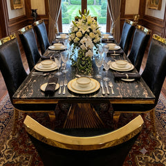 Ravello black marble dining table with Rocky dining chairs