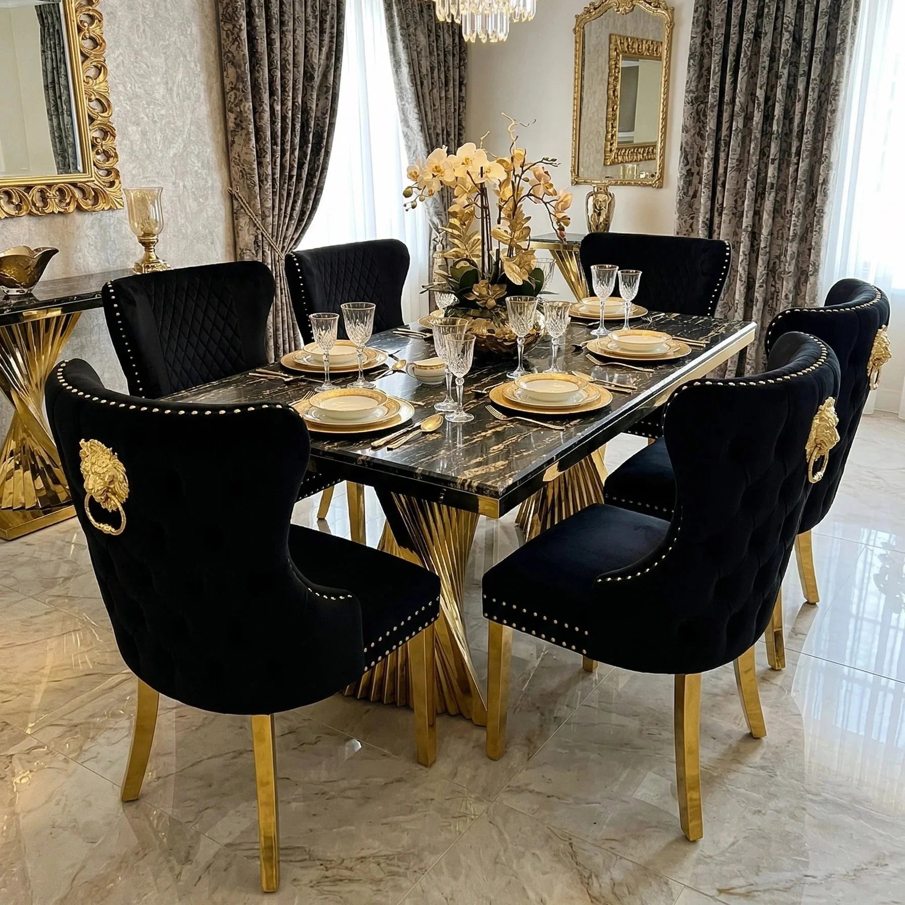 Ravello 160cm black and gold marble dining set with Valentino Chairs, creating a dramatic 6–8 seater centrepiece for sophisticated UK dining rooms.