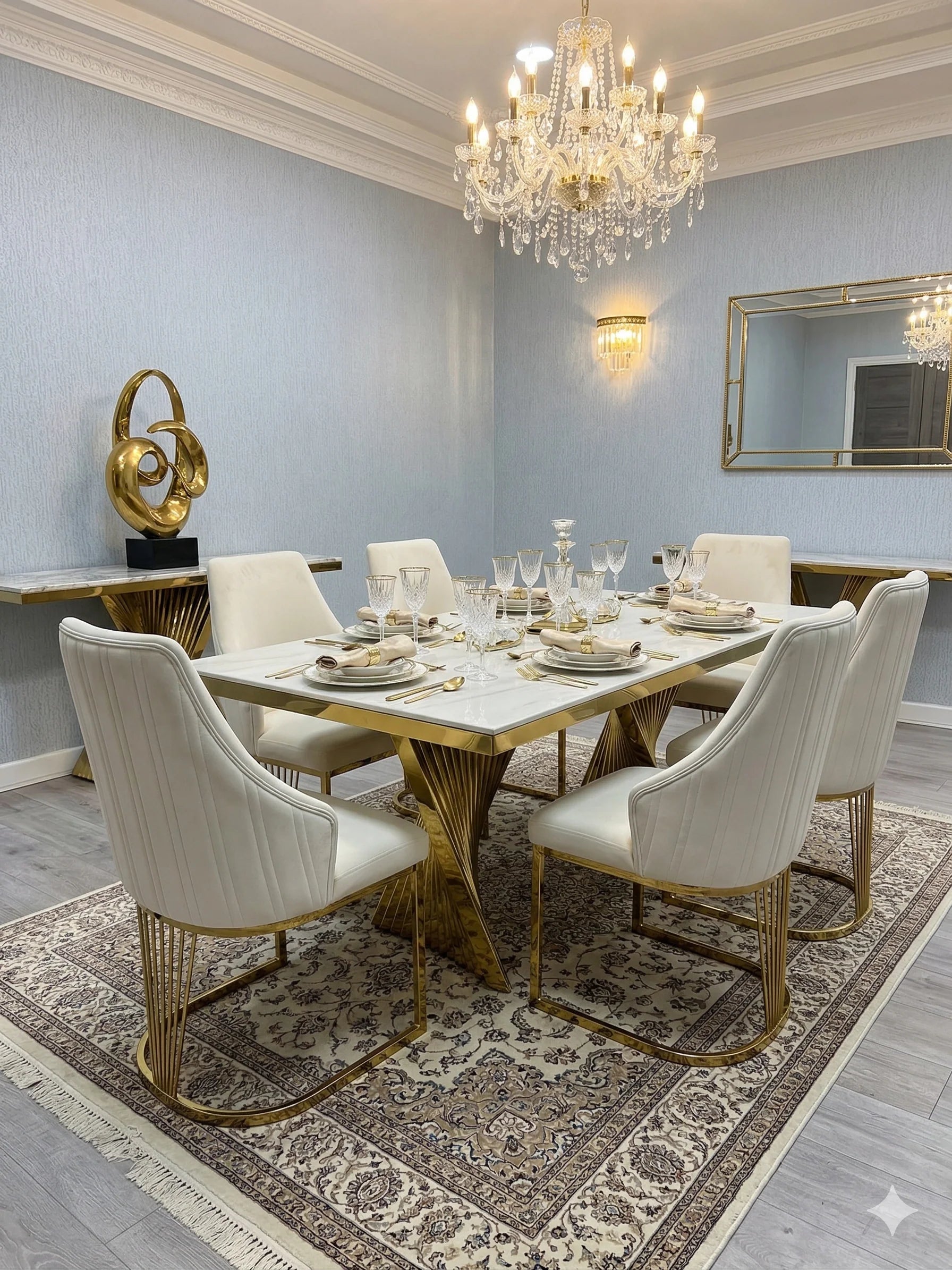 Contemporary Ravello black marble dining suite with polished gold base and comfortable Lasco seating, ideal for Birmingham dining rooms and family entertaining.