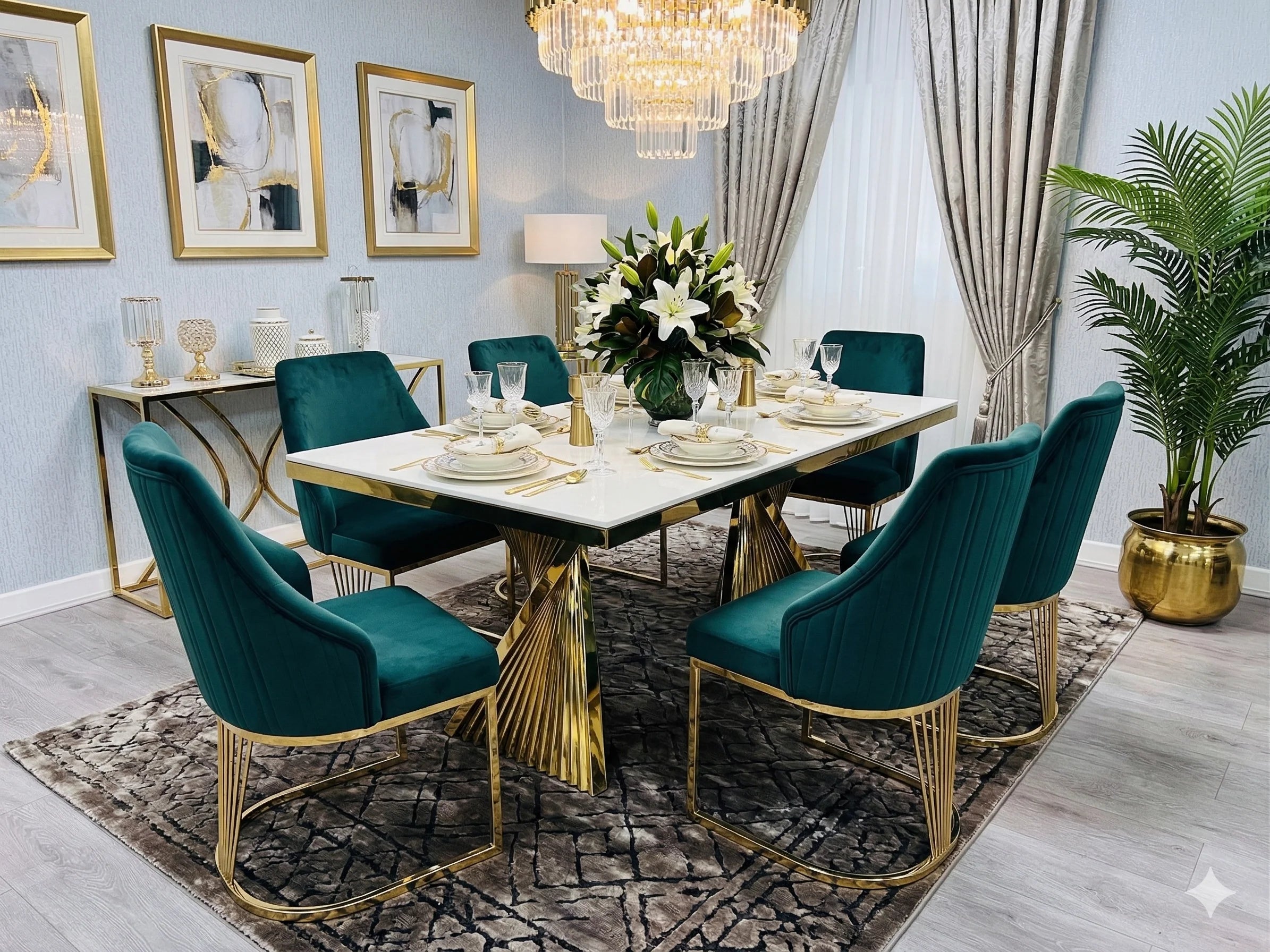 Designer-inspired Ravello dining table and Lasco chairs bringing sophisticated black marble and radiant gold detailing to Glasgow interiors at an attractive UK price.