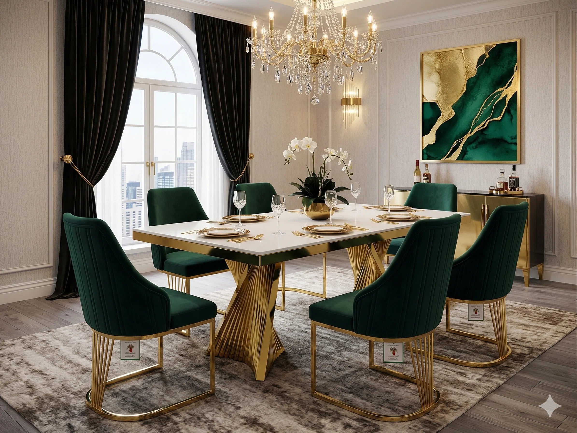 Ravello cream marble dining table and gold chairs bringing designer-inspired glamour to Manchester interiors, with comfortable seating for 6–8 people.