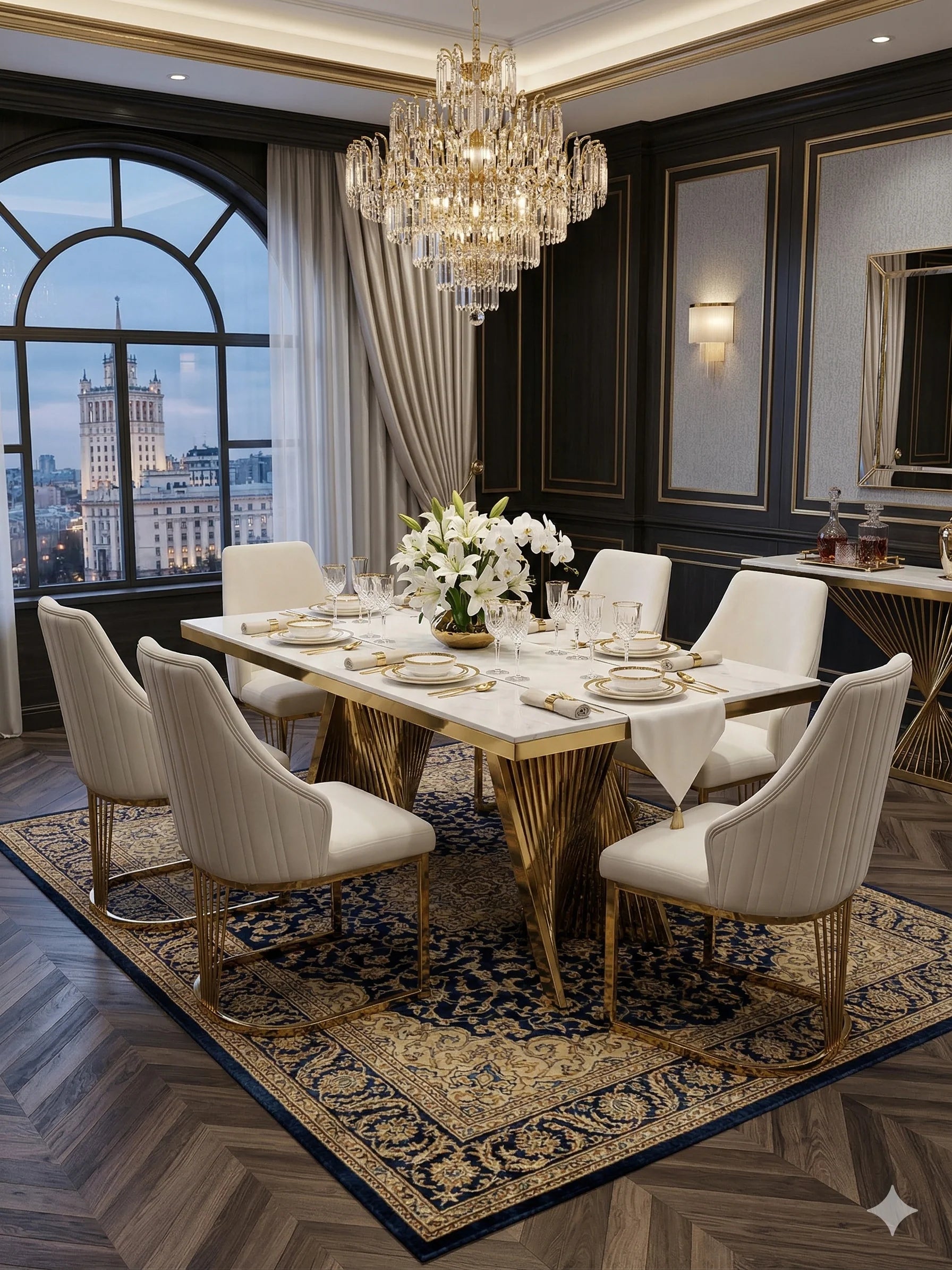 Ravello 160cm and 180cm rectangular marble dining set with elegant gold chairs, offering a spacious 6–8 seater configuration for modern Nottingham homes and entertaining spaces.