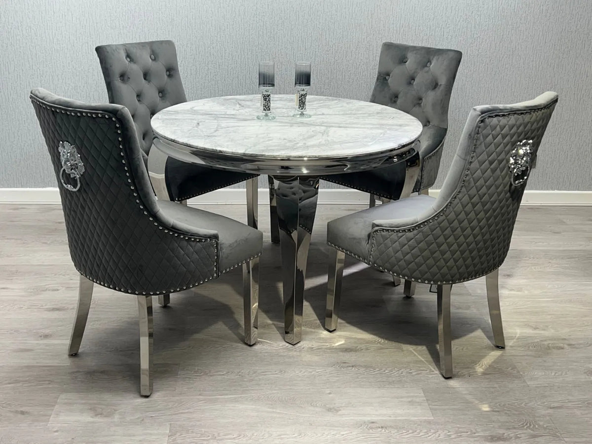 Round grey marble dining table ideal for compact contemporary dining spaces