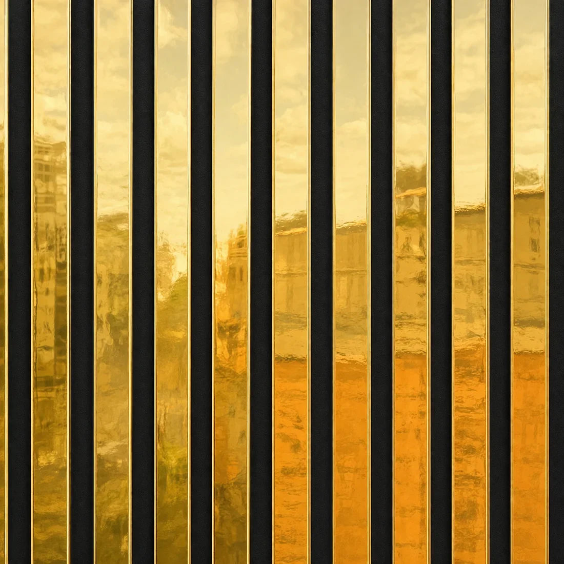 Shiny gold acoustic slatted wall panels with reflective finish