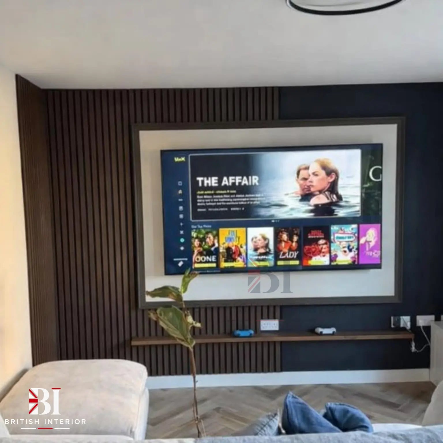 Smoked Oak acoustic slatted panel for a TV media wall