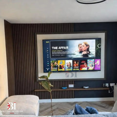 Smoked Oak acoustic slatted panel for a TV media wall