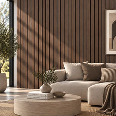 Smoked Oak acoustic wall panel in living room