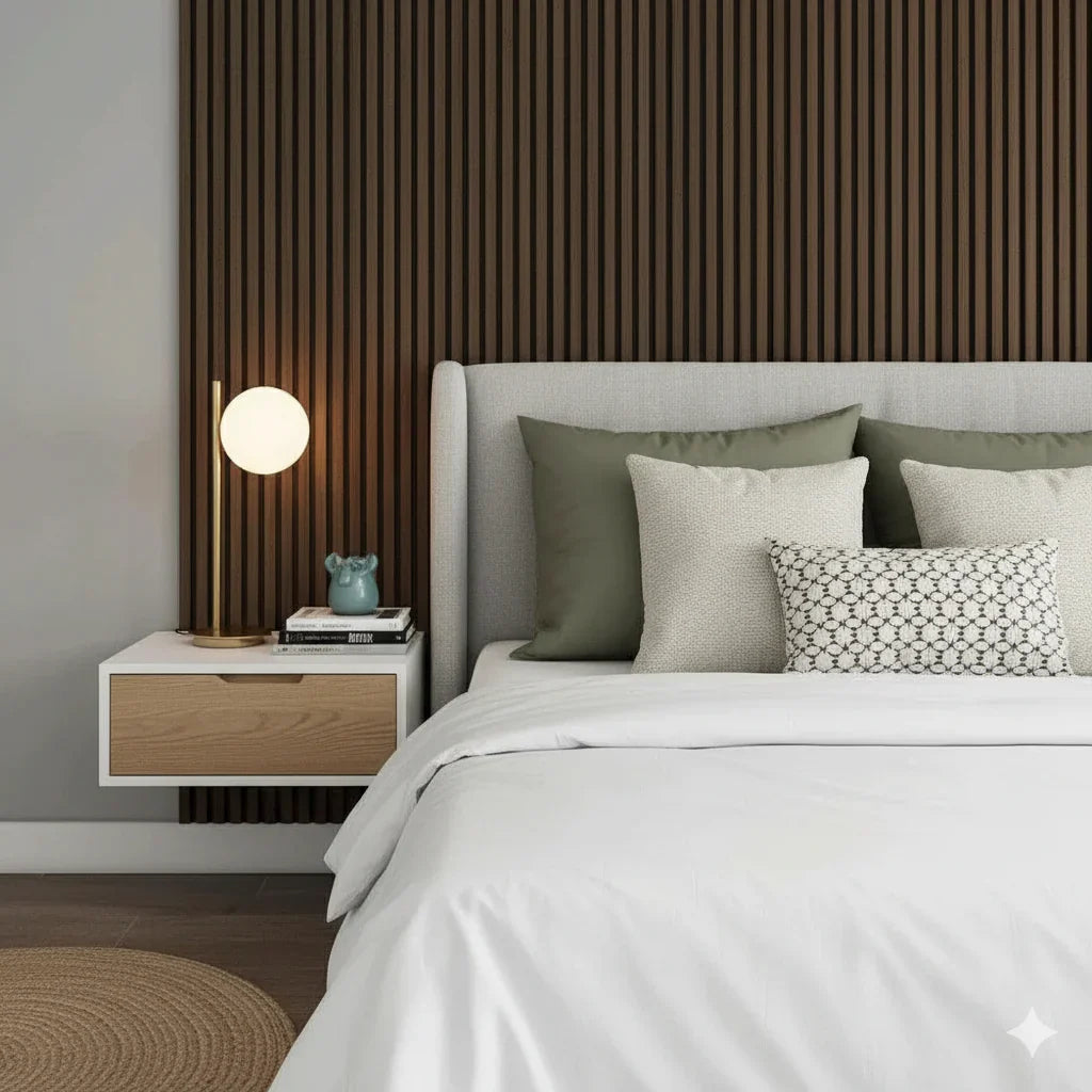 Smoked Oak acoustic wall panel in bedroom