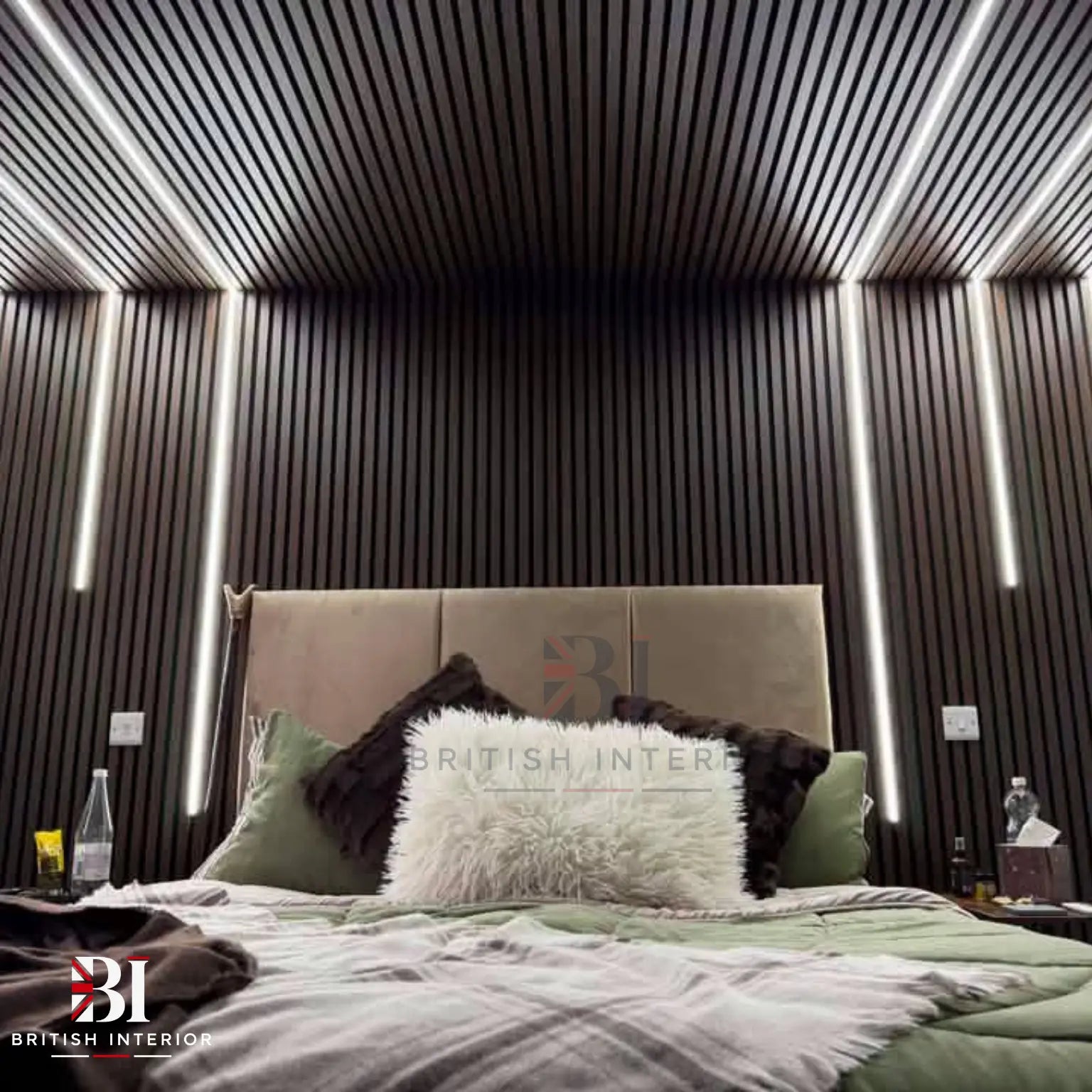 Smoked Oak vertical slat feature wall panelling