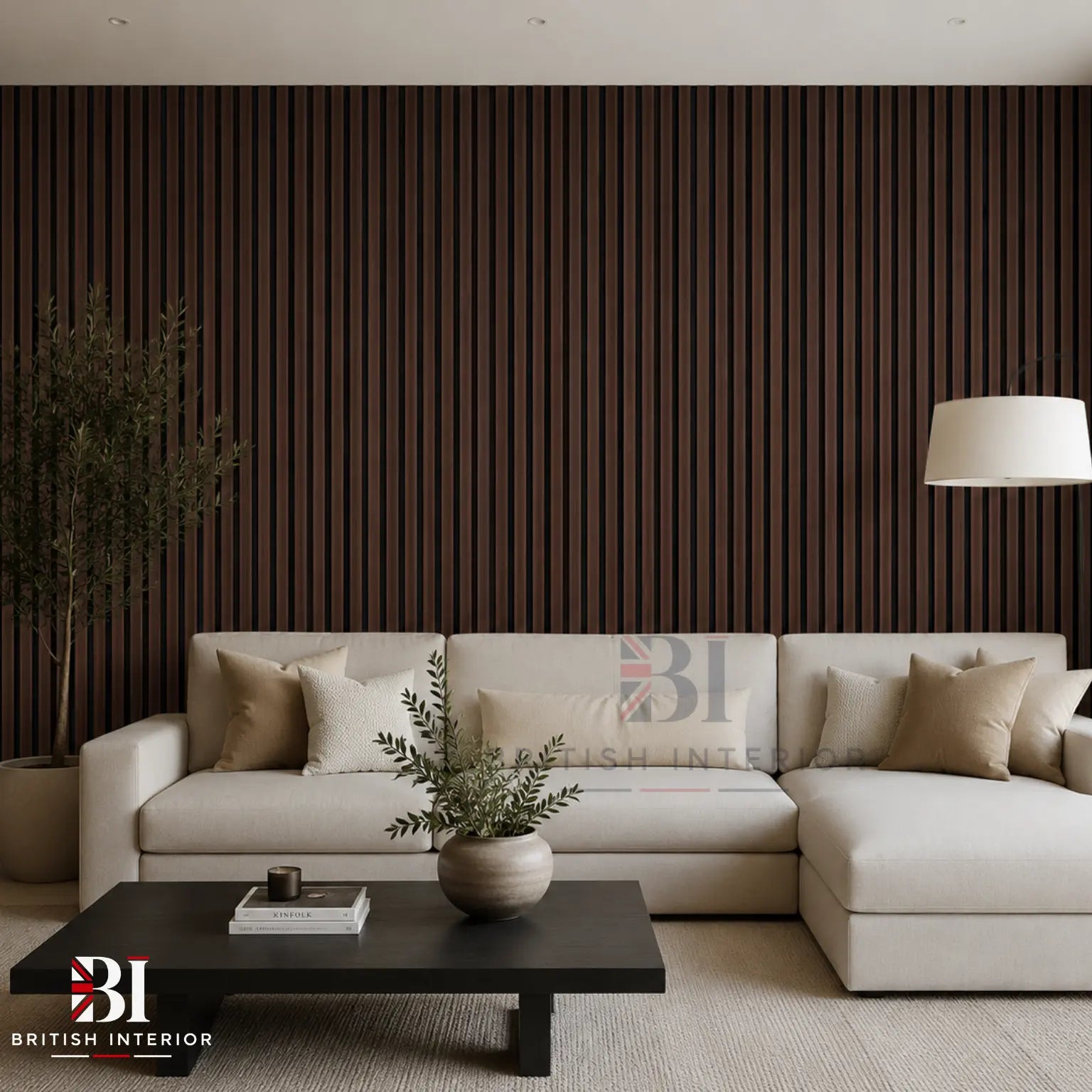 Smoked Oak slat wall panel in a modern Living Room