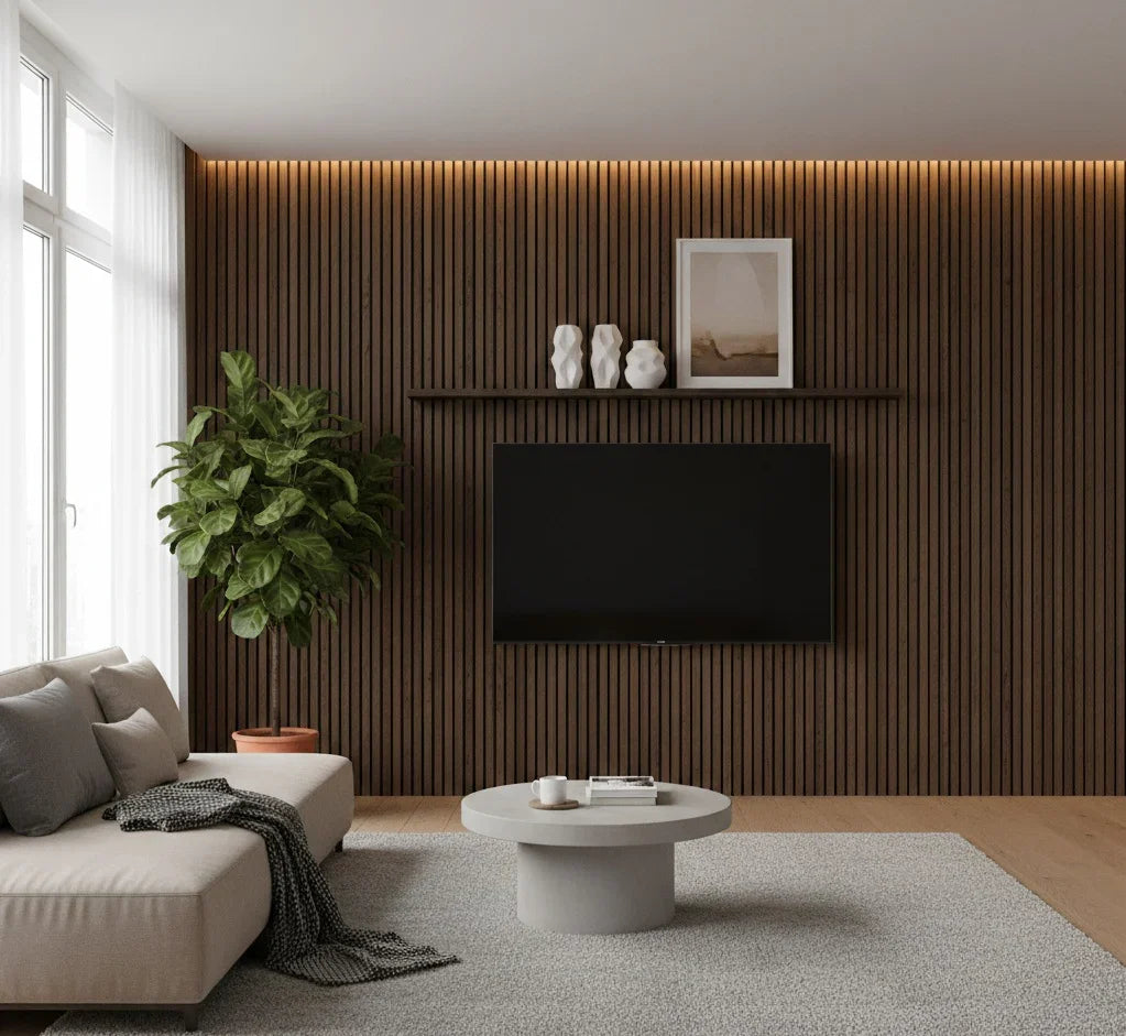 Smoked Oak slatted wall panels in living room