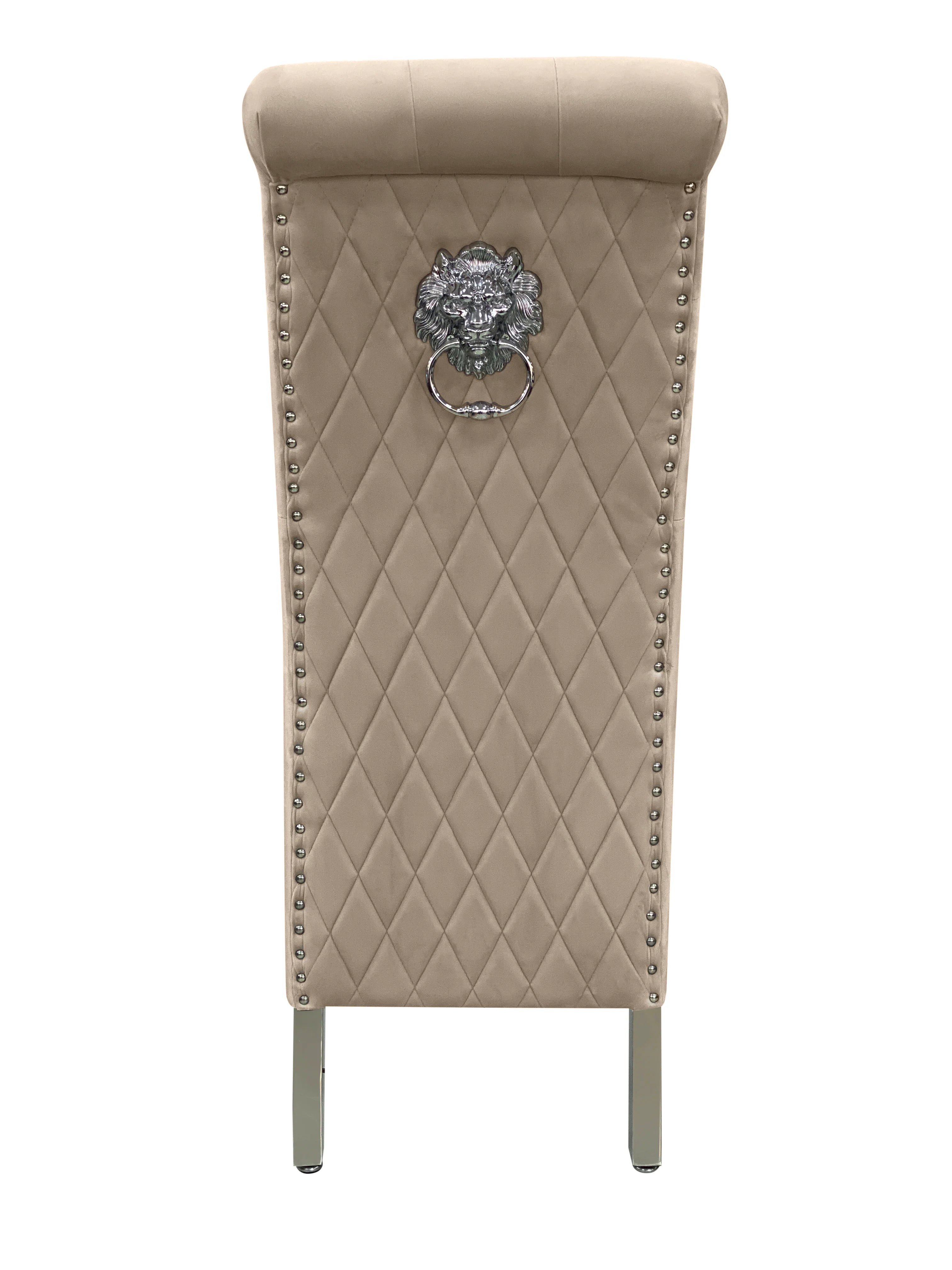 Sofia mink dining chairs with a premium grey marble table and polished chrome base for a sophisticated interior