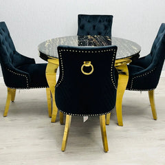 Sofia Black Gold Marble Dining Table with Majestic Black Gold Lion Knocker Chairs luxury dining set for premium homes in London, Manchester and Birmingham UK