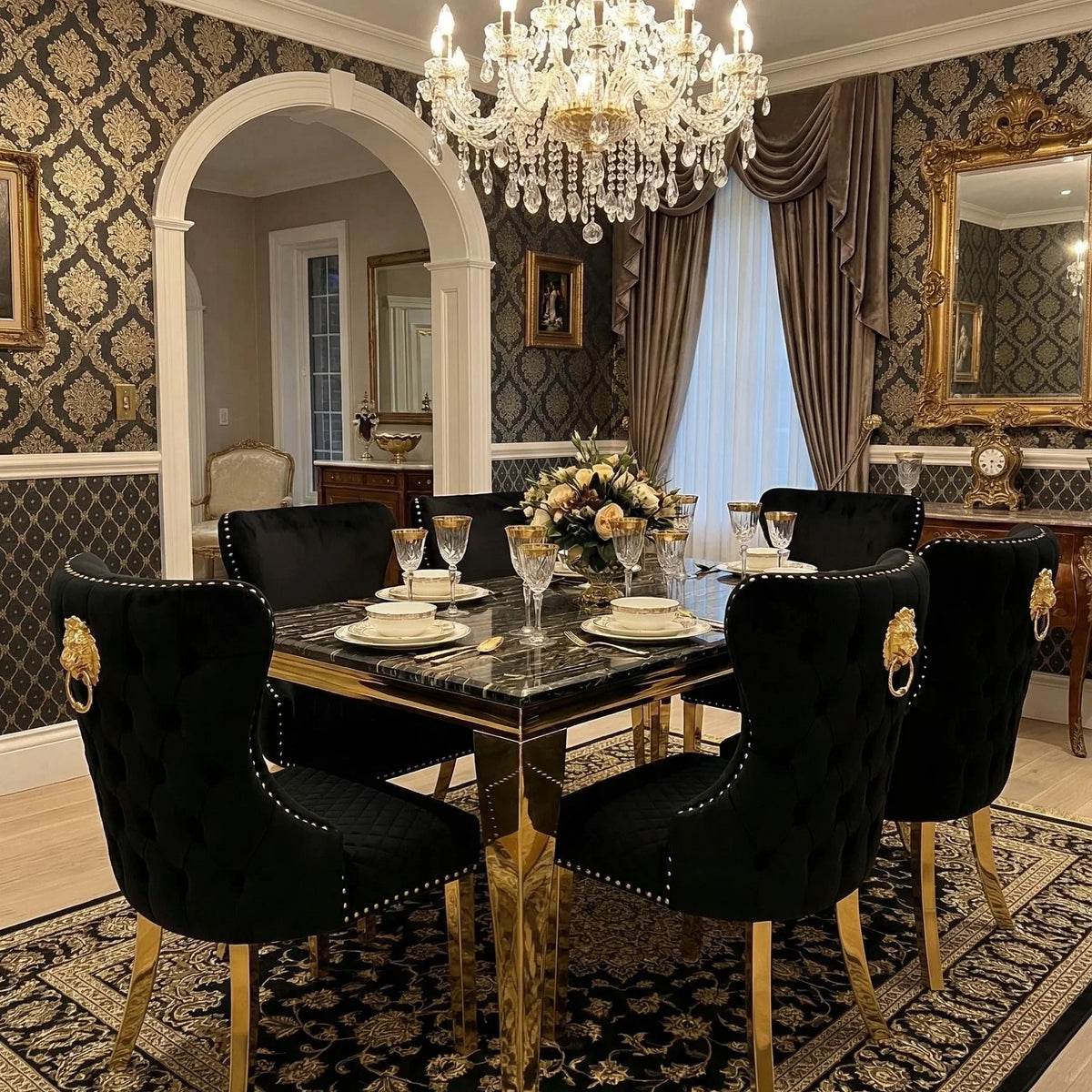 Sofia Black Gold Marble Dining Table with Valentino Gold Chairs luxury dining set for premium modern homes in London, Manchester and Birmingham UK