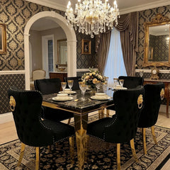 Sofia Black Gold Marble Dining Table with Valentino Gold Chairs luxury dining set for premium modern homes in London, Manchester and Birmingham UK