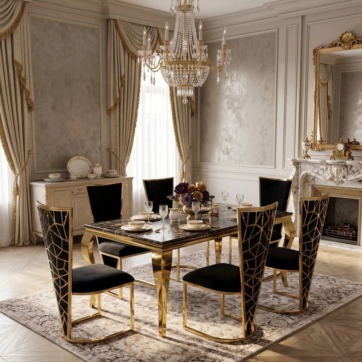 Sofia Black Gold Marble Dining Table & Vienna Gold Chairs – Premium Marble Dining Set