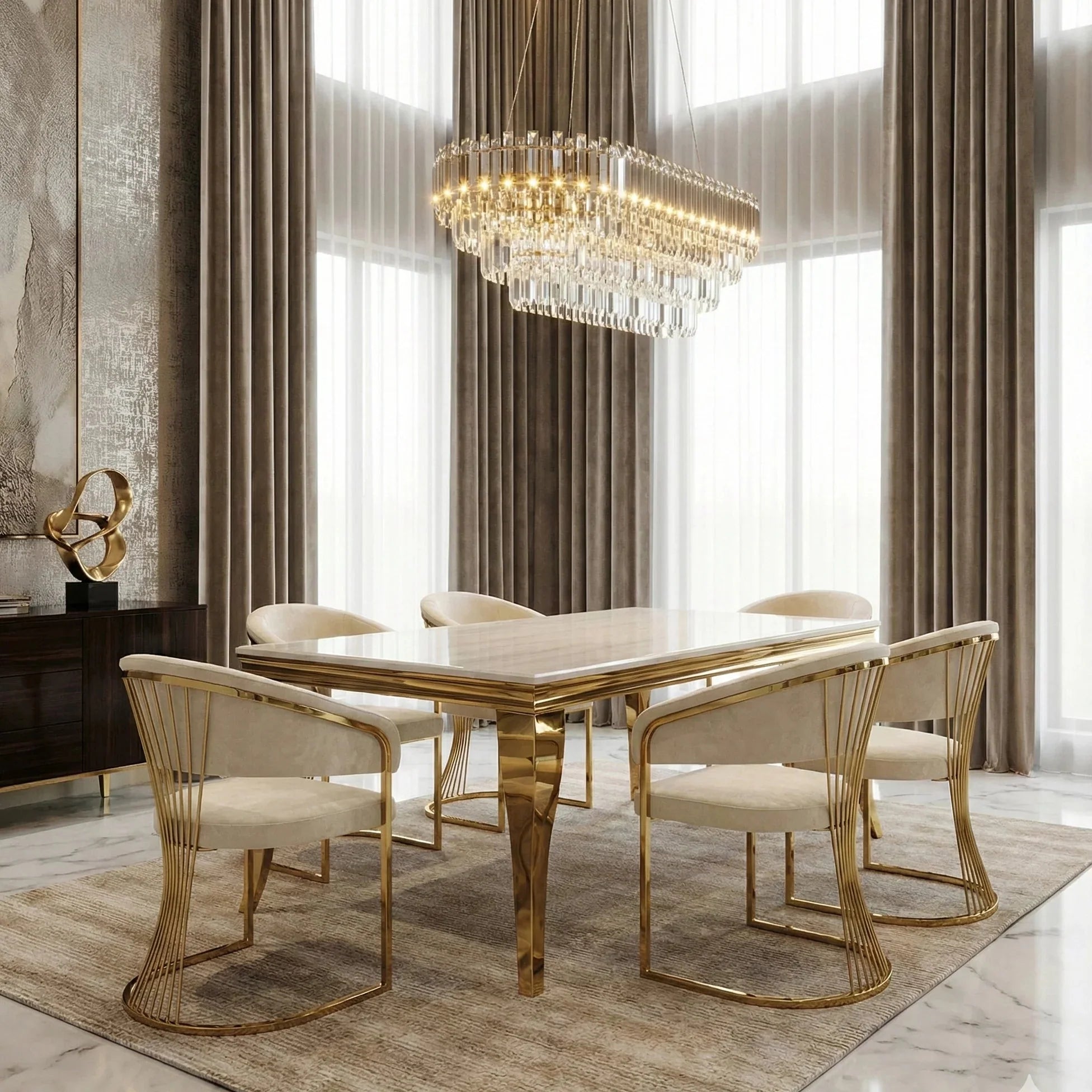 Sofia Cream Gold Marble Dining Table with Porado Chairs creating a luxury dining room in London with premium marble furniture and elegant contemporary styling.