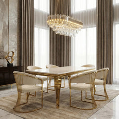 Sofia Cream Gold Marble Dining Table with Porado Chairs creating a luxury dining room in London with premium marble furniture and elegant contemporary styling.