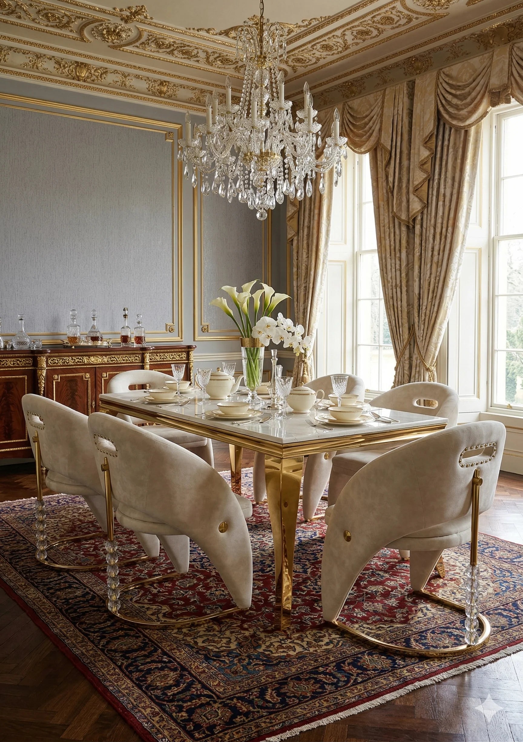 Sofia Cream Gold Marble Dining Table with Vegas Chairs luxury dining set for modern homes in London, Manchester and Birmingham UK