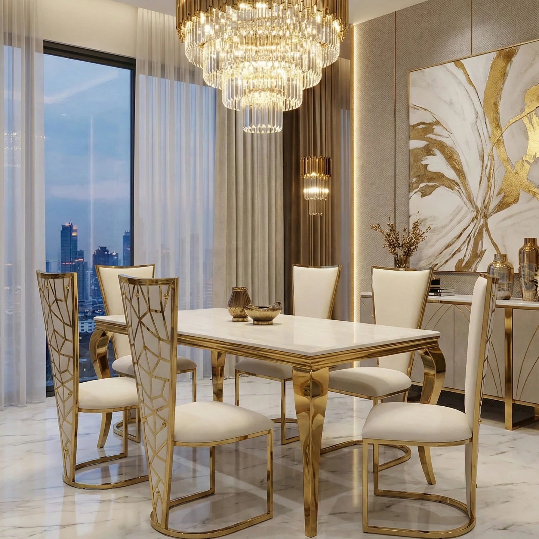 Sofia cream gold marble dining table with Vienna upholstered chairs creating a luxury dining room centrepiece for premium homes in Chelsea London