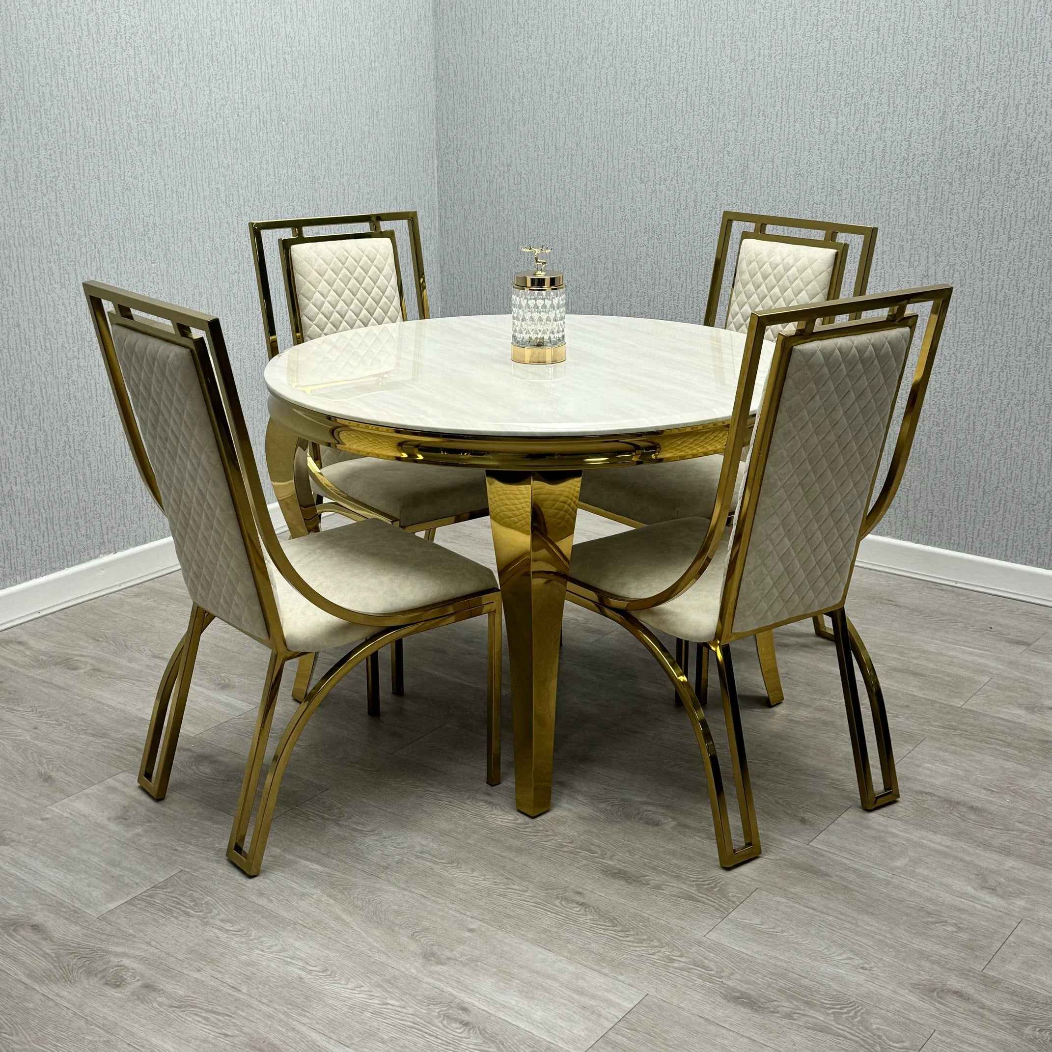 Sofia Cream Gold Marble Dining Table with Windsor Chairs for luxury dining rooms in London, featuring premium marble finish and elegant designer furniture.
